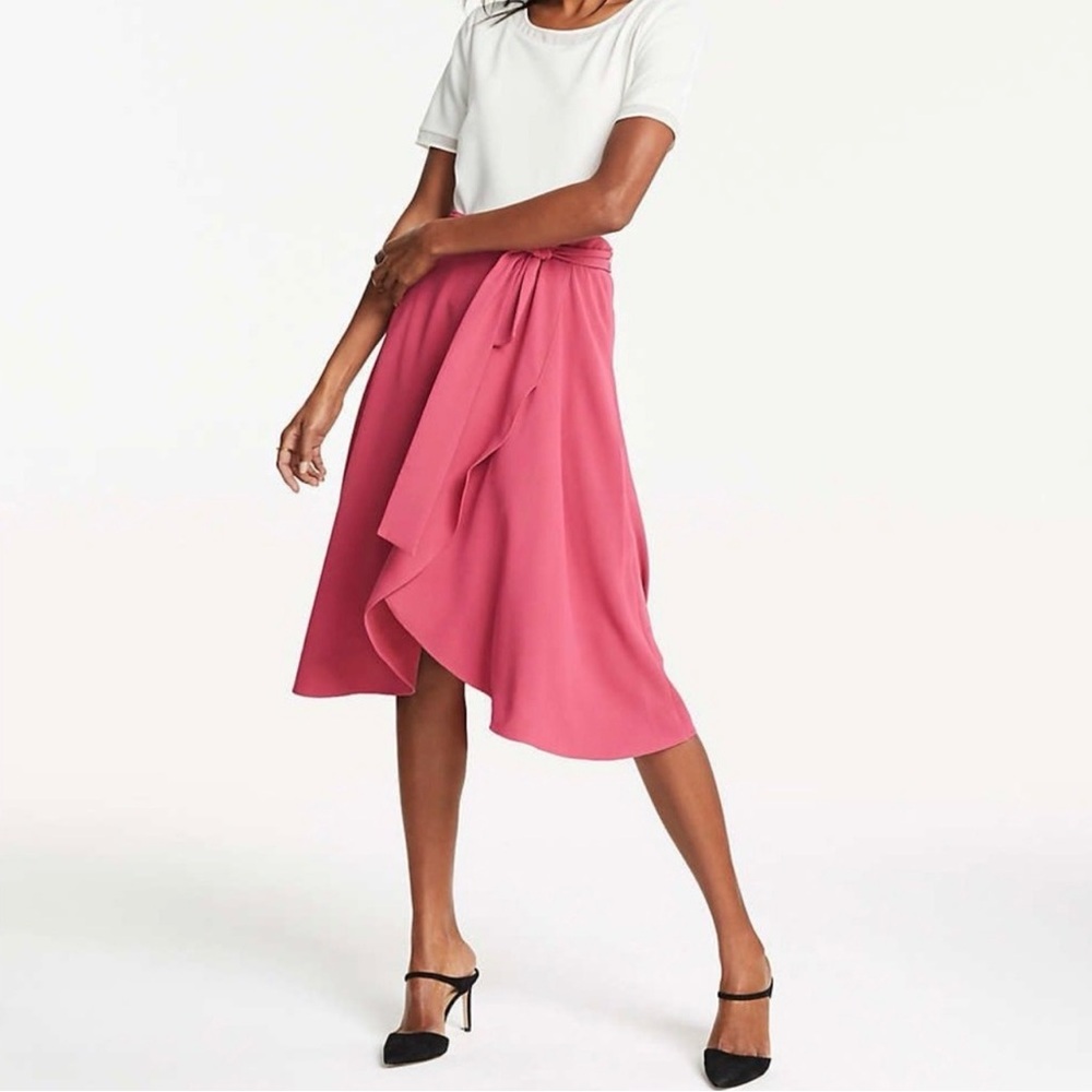 NWT $109 Ann Taylor Petite Tie-Waist Faux Wrap Skirt Wild Strawberry 10P Flowy